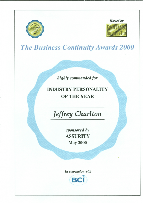 mouldillness Mycotoxins Jeff Charlton certified from The Business Continuity Awards 2000