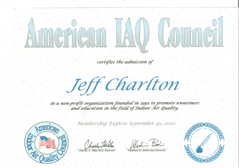 Mouldillness Mycotoxins Jeff Charlton passed from American IAQ Council for founding a Non profit Organization in 1995