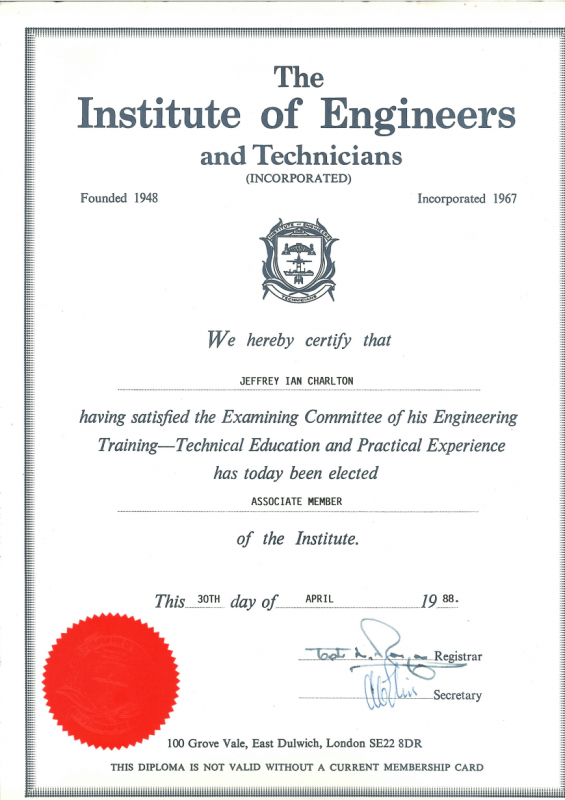 Mouldillness Mycotoxins Jeff Charlton passed from The Institute of Engineers and Technicians for Examining Committee of his Engineering Trainning.