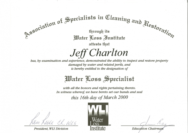 Mouldillness Mycotoxins Jeff Charlton certified from Association of Specialists in Cleaning and Restoratin for Water Loss Institute