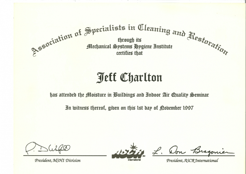 Mouldillness Mycotoxins Jeff Charlton certified from Association of Specialists in Cleaning and Restoration