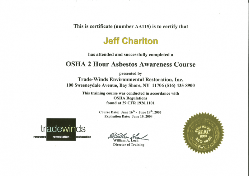 Mouldillness Mycotoxins Jeff Charlton passed from TRADEWINDS for OSHA 2 Hour Asbetos Awareness Course