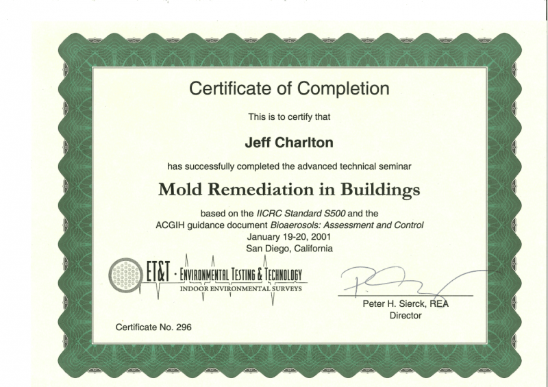mouldillness Mycotoxins Jeff Charlton certified from Mold Remediation in Buildings