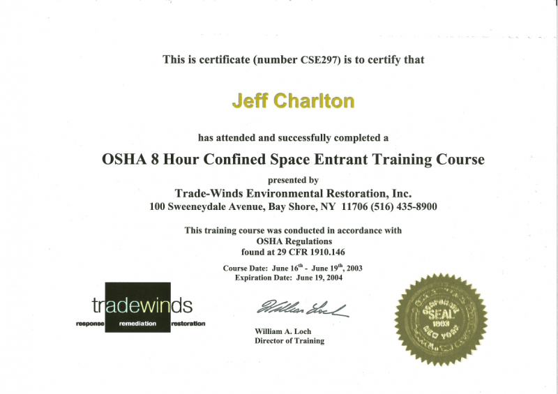 mouldillness Mycotoxins Jeff Charlton OSHA 8 hours confined Space Entrant Trainning Course of TrendWinds