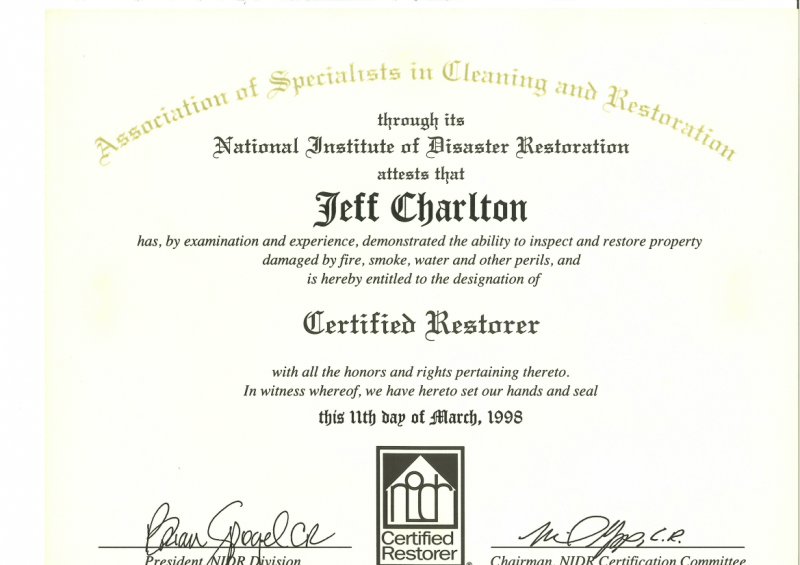mouldillness Mycotoxins Jeff Charlton certified from Association of Specialists in Cleaning & Restoration