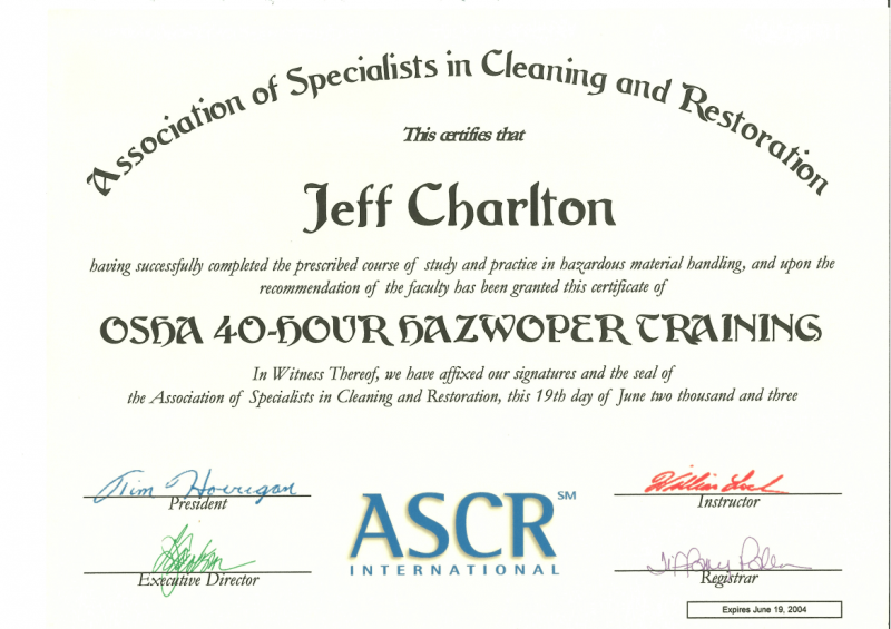 Mouldillness Mycotoxins Jeff Charlton certified from Association of Speicialists in Cleaning and Restoration